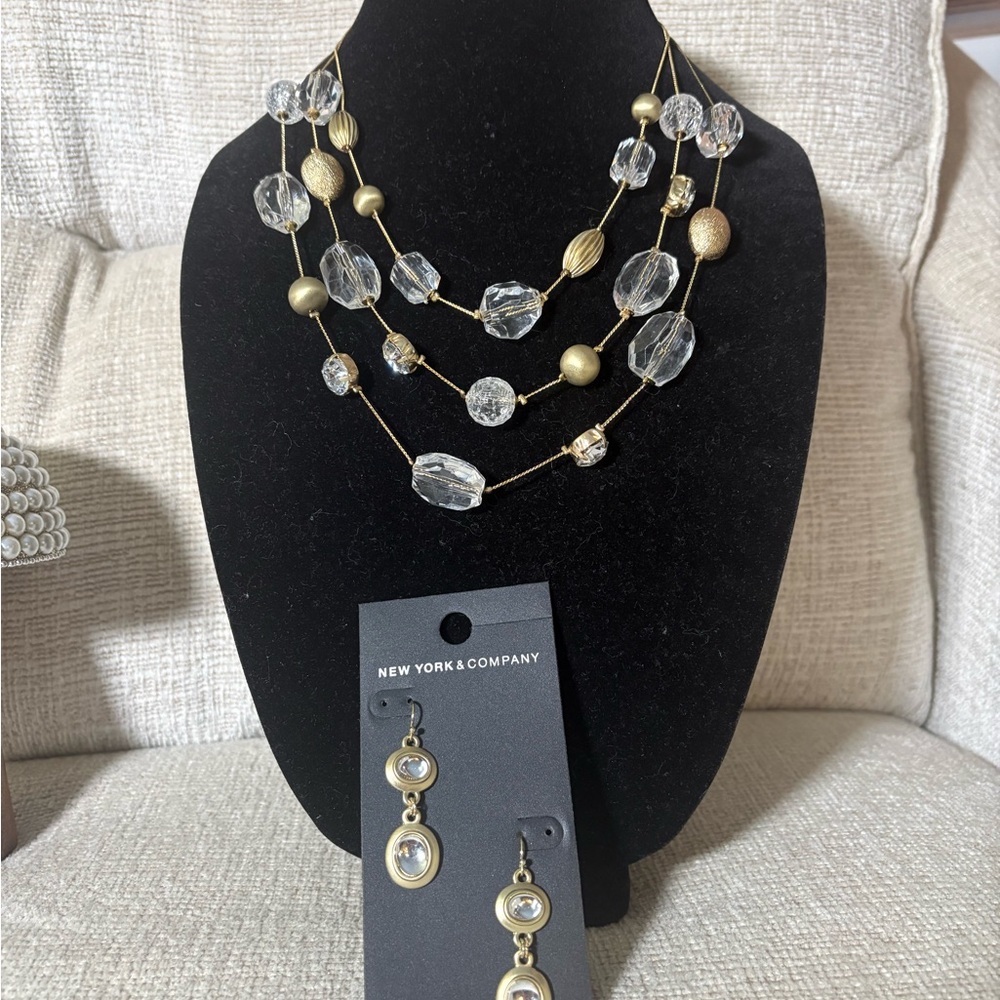 New York & Company Gold and Clear Multi-Strand Necklace Set